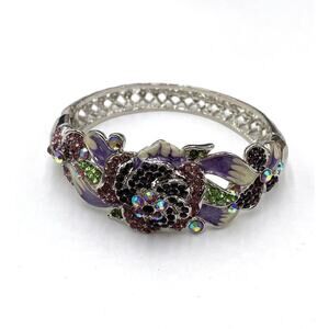 Bracelet Flowers Rhinestones Enamel Cuff Silver Tone 6.5”
